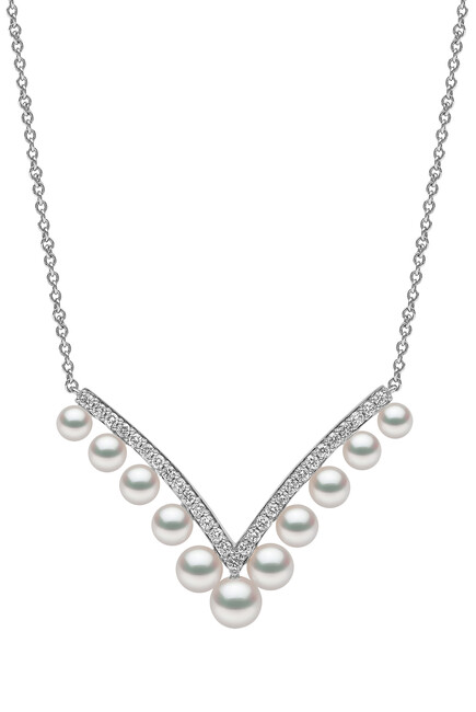 Sleek Necklace, 18k White Gold, Diamond & Pearls